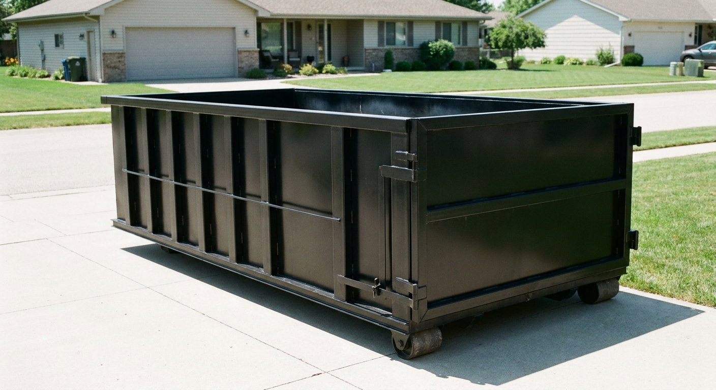 Matte-black 10-yard roll-off dumpster on a residential concrete driveway in Newport News, uniformly painted matte black across every panel and rail, ribbed steel sidewalls and rear swing door visible, mid-day daylight.