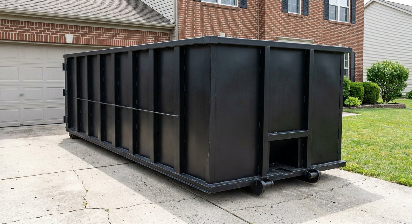 Matte-black 20-yard roll-off container on a Newport News residential concrete driveway with reinforced ribbed steel sidewalls and a hinged rear walk-in door, clean bright daylight.