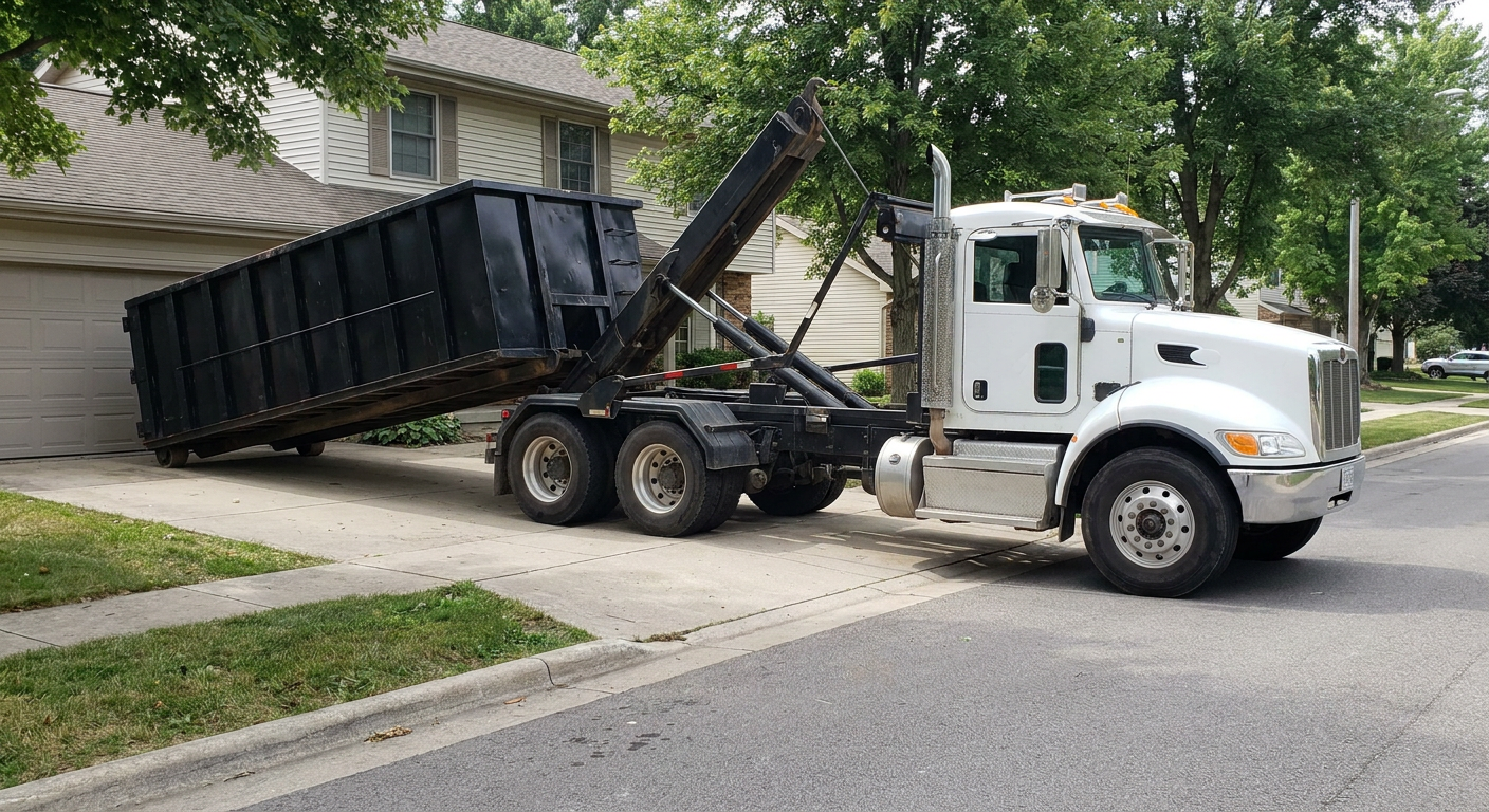 White-cab hooklift roll-off truck actively lowering a matte-black dumpster onto a Newport News residential concrete driveway, the dumpster's rear wheels touching the driveway as the hoist arm tilts the bed forward, mid-morning daylight.